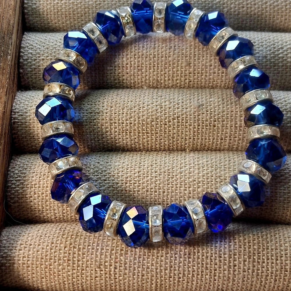 Faceted Royal Blue Crystal Stretch Bracelet with Gold Accents